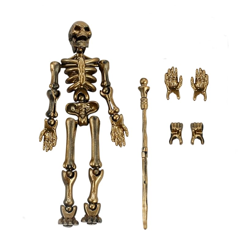 Posable Skeleton Action Figure with Movable Joints, Full Body Assembly Model, Halloween Collectible Table Ornament for Kids，Gold