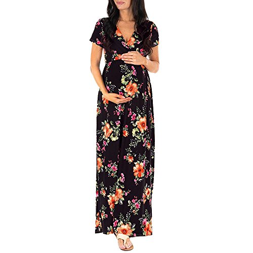 Preisvergleich Produktbild Battnot Damen Umstandskleider Sommer, Frauen Umstandsmode Mutterschaft Schwangere Pflege Kurzarm V-Ausschnitt Blumen Druck Casual Freizeit Bequem Lange Maxikleid Pregnants Dress S-XXL Schwarz Weiß