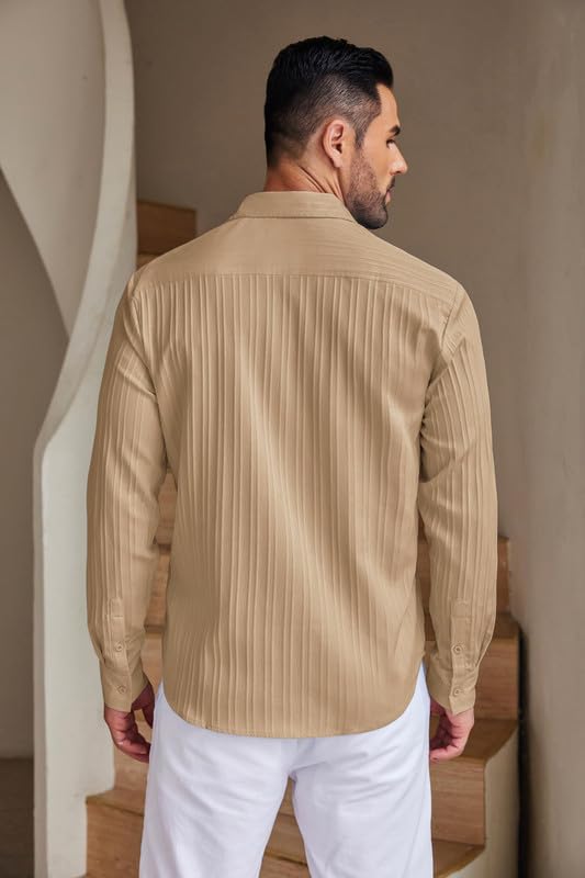 Image of DEELMO Combo of Men's Casual Button Down Shirts Long Sleeve Linen Shirt Fashion Textured Summer Shirts Pack of 2