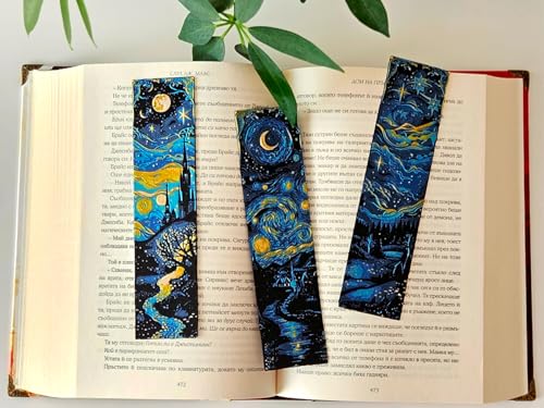 Image of Set of 3 Premium Bookmarks | Great Wave Hokusai Art Inspired, Anime Inspired & Koi Fish | Elegant Frame with Tassel | Perfect Gift for Readers & Collectors | Eco-Friendly Bioplastic (Starry Nights)