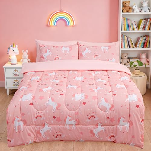 Image of Bedding Set Queen Size Pink Unicorn 7pcs Bed in A Bag, All Season Dreamy Unicorn Printed, Soft Microfiber Comforter Set with Sheets, Pillowcase & Sham for Girls Kids Teens (7 Piece Queen)
