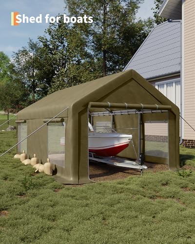 13x20 Ft Carport with 8 Sandbags, Car Port with 220g PE Tarp, 2 Roll-Up Doors, and 4 Windows, for Full-Size Pickups, Bass Boats, Tractors, and SUVs, Khaki