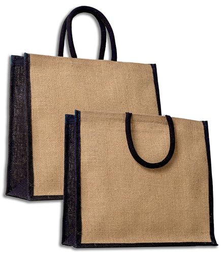 IPEA 2x Borsa in Juta Naturale con Manici in Neri per Shopping, Spesa e Tempo Libero - 2 Pezzi - Shopper in Vera Iuta - Tote Bag per Sera, Mare, Spiaggia, Uscite - Design Retrò Elegante - 38 x 35 cm
