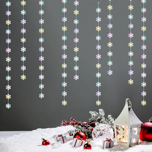 Image of Snowflake-Snow Iridescent-Holographic Christmas Party-Decoration Garland - 52ft Winter Wonderland Frozen Ornaments Hanging Paper Streamers,New Years Birthday Baby Shower Dance Ceiling Decor Hugfond