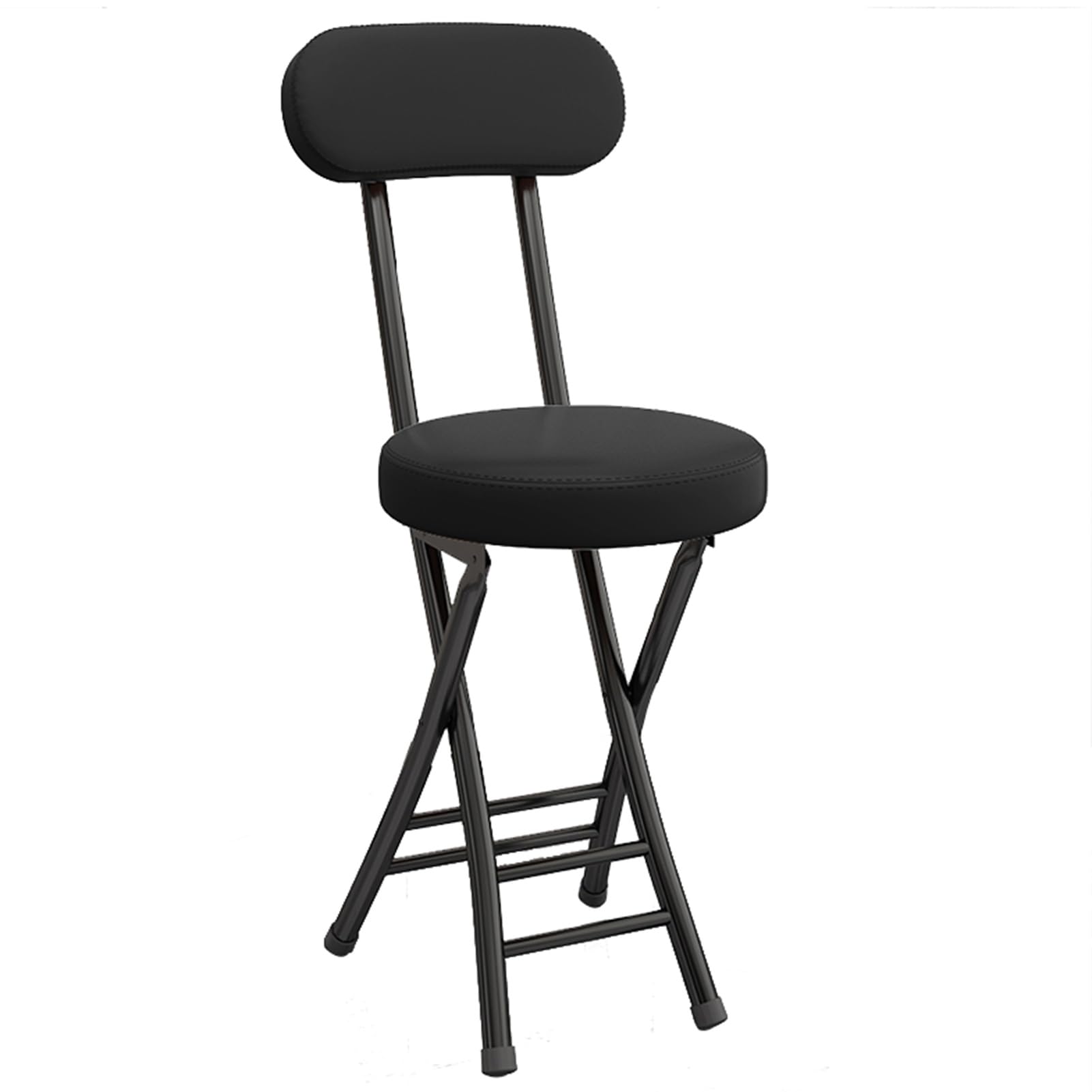 Portable Folding Bar Stool with Backrest, Padded Leather Seat, Padded Round Chair for Kitchen, Dining Room, Patio, Stylish Black Folding Stool