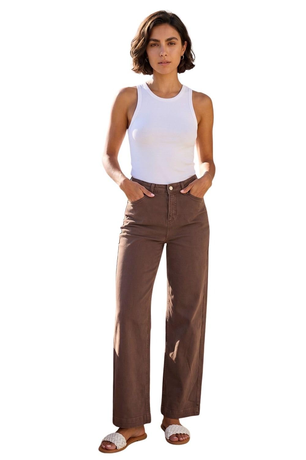 Roman Women's Chocolate Cotton Blend Wide Leg Stretch Jeans In | : Size 14