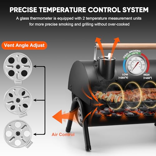 Image of Portable Charcoal Grill with 6 BBQ Tools, HaSteeL Compact Tabletop Barbecue Grill with Thermometer, Small Smoker for Outdoor Camping Backyard Beach BBQ, Thick Steel, Easy to Assemble