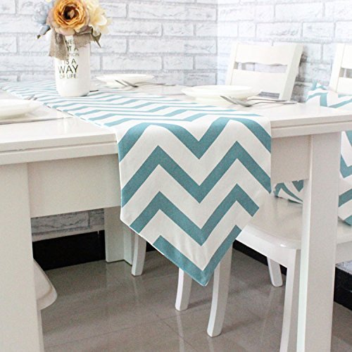 TAOSON Chevron Zig Zag Cotton Linen Blend Canvas White Printed Table Runner - Aqua(30x200cm)