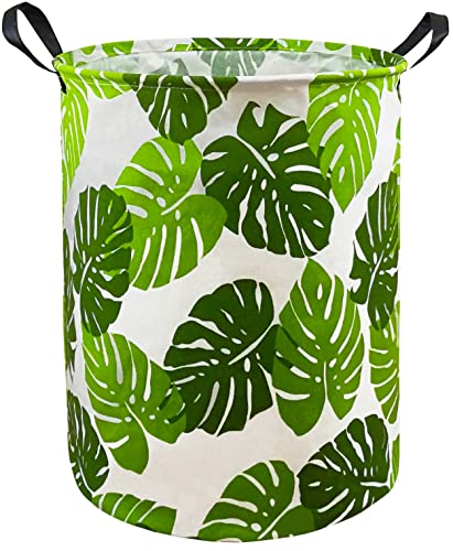Image of KUNRO Large Sized Round Storage Basket Waterproof Coating Organizer Bin Laundry Hamper for Nursery Clothes Toys (Green Leaves)