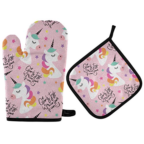 ALAZA Oven Mitts Pot Holders Cute Rainbow Unicorns Protective Heat Resistant Kitchen Microwave Gloves for Baking Cooking Grilling BBQ
