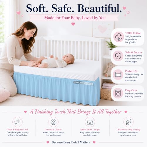 Image of Cotton Crib Bed Skirt Dust Ruffle with Split Corners, 14 inch Drop, Light Blue | Nursery Standard Crib Bedding Bed Skirt for Baby Boys and Baby Girls. Hides Under-Crib Storage for a Neat Appearance