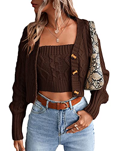 Romwe Women's Loose Long Sleeve Knit Button Down Cardigan Sweaters 2 Pieces Sweatshirt Pullove Crop Top Sets Chocolate Brown S #TOP2