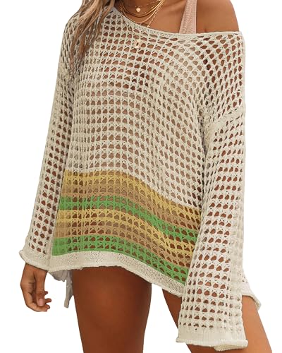 Image of Bsubseach Crochet Cover Up Women Sexy Hollow Out Swim Coverup Summer Outfit | Long Sleeve Beach Cover Up, One Size Fits All, Flattering for All Body Types, Chic Crochet Top, for Vacations & Lounging