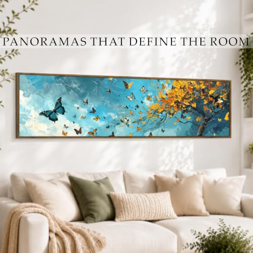 Image of Large Canvas Painting Panel Framed Wall Painting Blue and Yellow Butterfly Tree Framed Luxury Paintings for Home Decoration, Living room, Bedroom and Office Decor (Blue, 13x47 Inch)