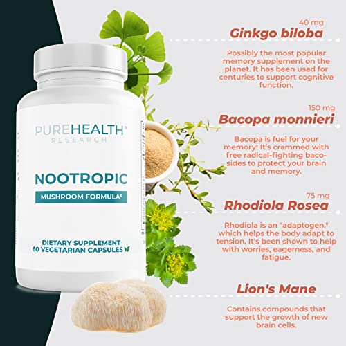 Nootropics Brain Memory and Focus Supplement - Lions Mane, Shiitake, Chaga, Reishi Mushrooms Powder - Improve Cognitive Health with Bacopa Monnieri and Gingko Biloba Extract , 60 Capsules - Image 5