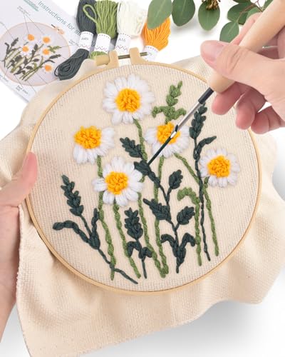 Image of ERKOON Punch Needle Kit Adults Beginners, 2 Pcs DIY Easy Flower Embroidery Set for Starter Art Craft, Needling Punching Project with Patterns, Tools, Yarns, Hoop, Instruction (Daisies)