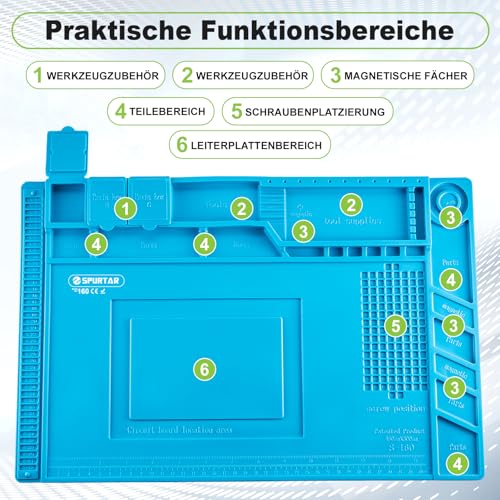Spurtar Lötmatte Silikon 500℃ Hitzebeständige, 45 x 30 cm Verdickte Arbeitsmatte Werkstatt für Lötpistolen/Heißpistolen, Magnetische Reparatur Matte für Elektronik, Löten, Telefon, iPad, Uhren