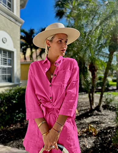 Beyove Women's Cotton Linen Set Casual Tracksuit Button Down 3/4 Sleeve Shirt Drawstring Shorts Pockets 2 Piece Lounge Set3