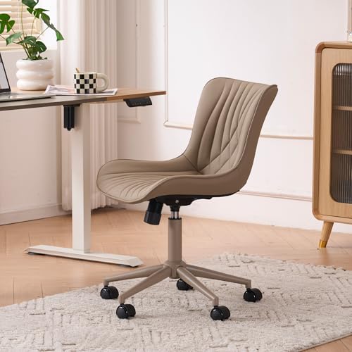 Image of YOUTASTE All Khaki Office Chair, Modern Armless Desk Chair with Back, Adjustable Swivel Rolling Faux Leather Task Chair with Wheels Metal Base for Home Office, Study, or Vanity
