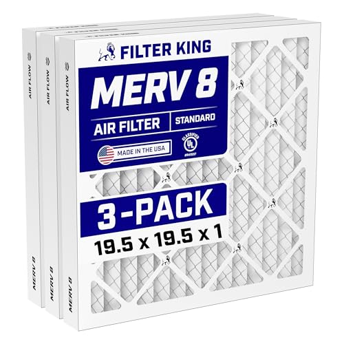 Filter King 19.5x19.5x1 Air Filter (MERV 8) (3-Pack) Dust & Allergy Control AC Furnace Filters MADE IN USA HVAC Pleated Electrostatic (Actual Size: 19.5 x 19.5 x .75)