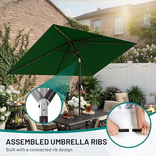 Image of AreShark 6.5' x 10' Rectangular Patio Umbrella with Solar Lights, Solar Powered Lighted Market Umbrella w /Tilt and Crank, Outdoor Table Umbrella for Garden, Deck, Backyard, Pool, Dark Green