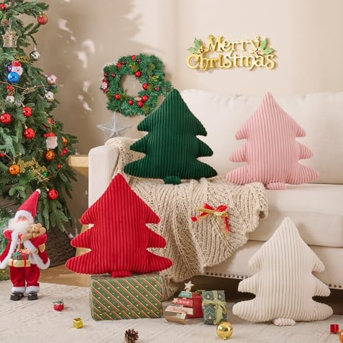 Image of Lanpn Christmas Tree Pillows Set of 2, Christmas Decoration Narrow Stripes Winter Throw Pillow Soft Cute 3D Shaped Xmas Tree Cushion for Sofa Bedroom Xmas Decor (18x16 inch, Off White)