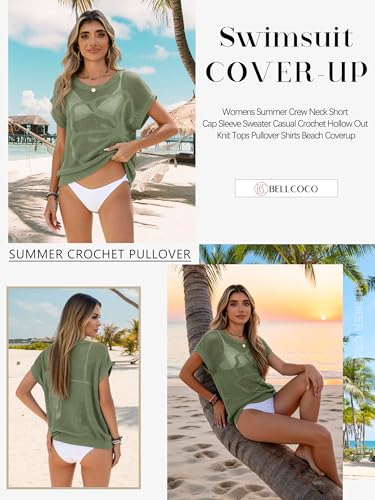 Image of Womens Summer Crochet Tops Hollow Out Cap Sleeve Cover Up Tank Top Pullover Sweater Vest Beach Vacation Clothes