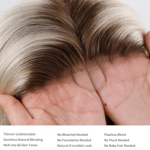 Image of Balayage Highlight Ombre Platinum Blonde Lace Front Wigs Human Hair Body Wave Pre Plucked 180 Density Platinum Blonde Human Hair 13x4 Front Wigs Glueless Lace Front Wig for Women ( Body Wave, 26 Inch)