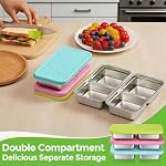 Stainless Steel Snack Containers, Jrisbo 3-Pack Double Compartment Bento Box with Leakproof Silicone Lids, 15oz Small Reusable Food Storage Containers for Lunch Prep, Travel, Camping & Kids