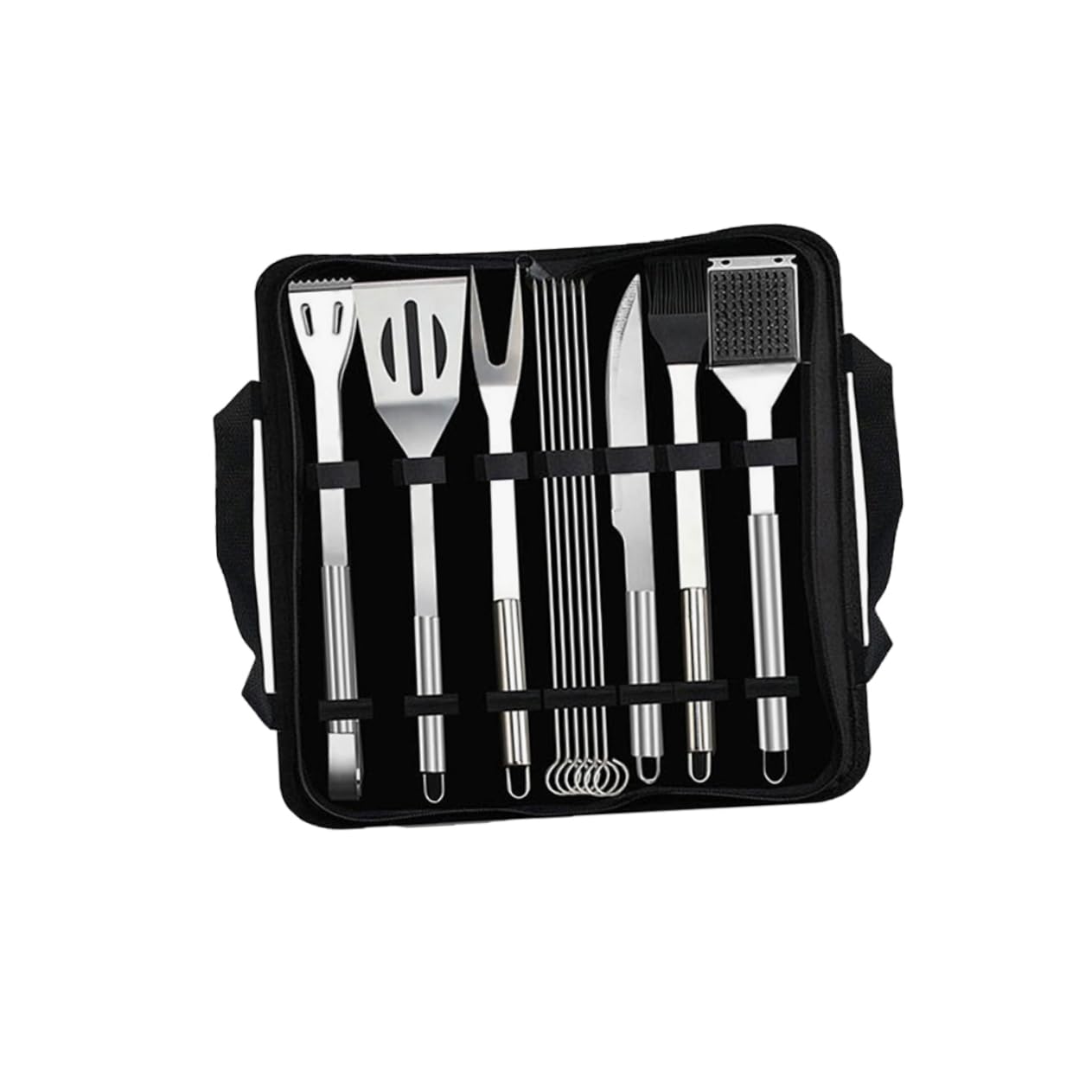 Set Utensili Barbecue Inox 12 Pezzi con Borsa Nera | Spatola, Pinza, Coltello, Forchetta, Pennello e Spiedini, per Campeggio e Outdoor
