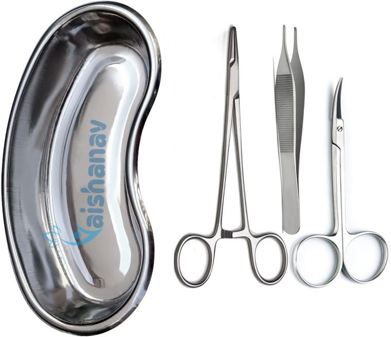 Vaishanav Premium Surgical Instrument Set - Needle Holder, Adson Forceps, Iris Scissor, and 8" Kidney Tray (4-Piece Set)