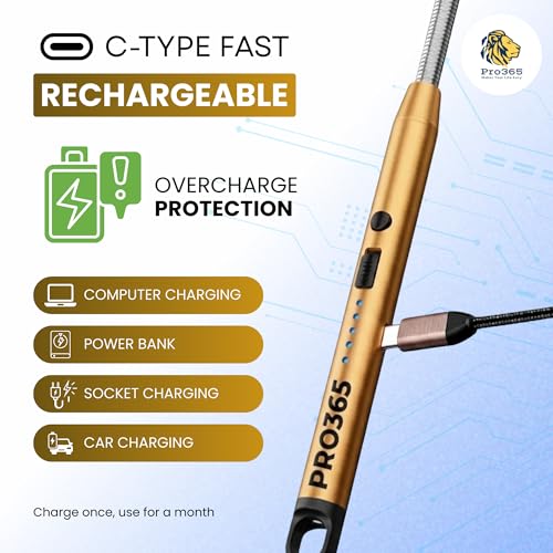 Image of PRO365 USB Rechargeable Electric Candle Lighter | Windproof Arc Lighter with 360 Flexible Neck | Safety Lock & LED Indicator | Flameless Kitchen & Outdoor Gas Lighter(Gold)