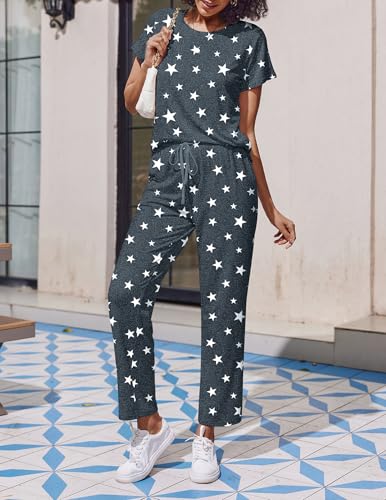 Image of Ekouaer 2 Pack Pajamas for Women Set Short Sleeve Pj Top and Printed Pants | Soft PJs Cozy Printed Lounge Sets Comfy Sleepwear with Pockets
