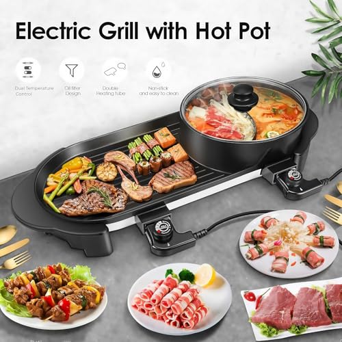 Image of SEAAN Hot Pot with Grill, Korean BBQ Grill Indoor Hotpot Pot Electric Combo, Shabu Shabu Pot with Divider KBBQ Grill Smokeless Non-stick Separate Dual Temperature Control, for 2-12 People, 110V