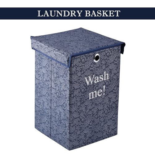 Image of Urbane Home (Pack of 2) Clothes Basket | 75 LTR | Toy Storage Box with Ring | Velcro Lid | Clothes Dress Bin | Flower Print | Foldable Laundry Basket | Washing Cloth Basket | Navy Blue