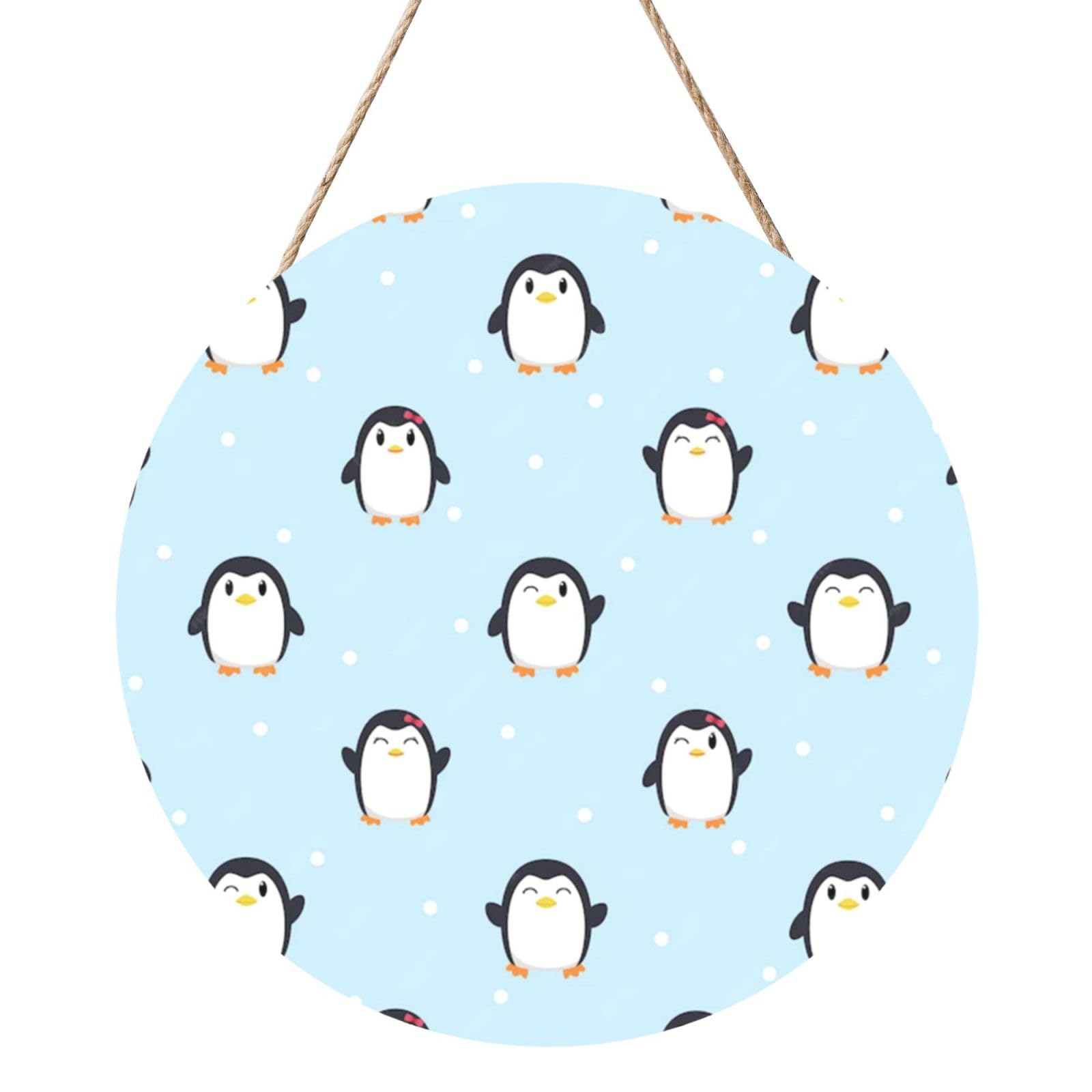 InOmak Cute Penguin And Snow Printed, Round Wood Panel Painting 12 in, Wall Hanging Painting For Home