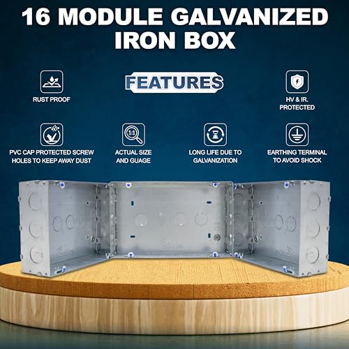 Image of Forus 16 Module Concealed GI Modular Box | 18 Gauge Heavy Duty Galvanized Iron Junction Box | Rustproof Flush Mount Electrical Switch Box 9x6 Inch for Home & Office Wiring (1 Pc)
