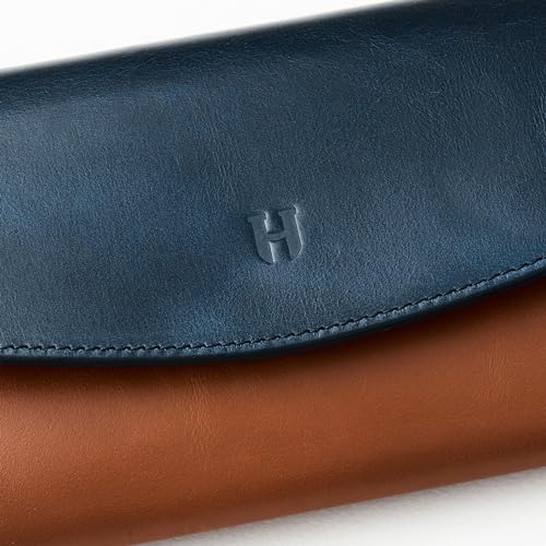 Handcrafted Full-Grain Leather Women’s Wallet, RFID Blocking, 12 Card Slots, 3 Compartments, Removable Zipper Coin Pouch, Gift Box & Pouch, Christmas & Birthday, Navy Blue-Tan4