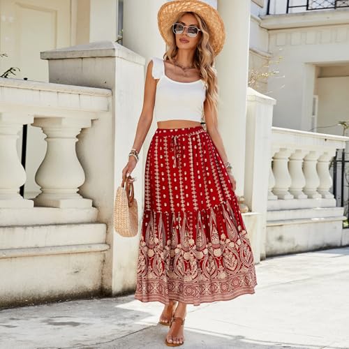 Maxi Skirts for Women Floral Boho Tiered Long Skirt Drawstring Beach A Line Midi Skirt Summer Bohemian Skirts3