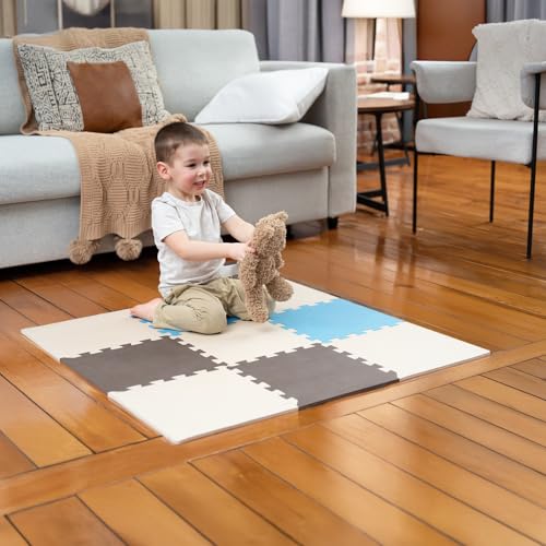 Image of MioTetto Baby Play Mat, Comfortable Tummy Time Mat - Portable Foam Floor Tiles, Safe baby mat for floor for Crawling & Development, Soft play mat for babies 0-6 months, Stylish interlocking foam tiles