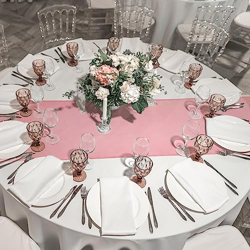 Image of 12 Pack 12x108 Inch Satin Table Runner and 84 Inch Round Plastic Tablecloths Set White and Rose Gold Disposable Round Table Cover for Graduation Wedding Shower Anniversary Birthday Party Decorations