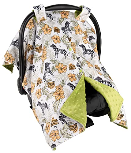 Image of Top Tots Deluxe Minky Baby Car Seat Cover - Tropical Zebra, 40 x 29 Inch Yellow Green