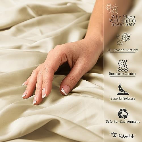 URBANHUT 800 Thread Count Egyptian Cotton Sheets Set Twin Size, Long Staple Sheets, Soft & Breathable, 3 Pc Bed Sheet Sets, Luxury Hotel Sateen Sheets Fits 16" Deep Pocket - Sand