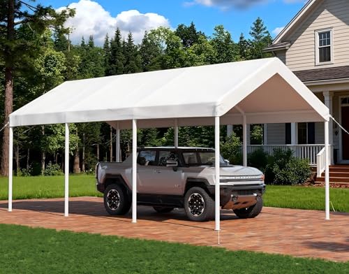 Aoxun 10x20 FT Carport Heavy Duty Car Canopy with Tarp & Wind Resistance Portable Garage Car Tent Outdoor Car Port with Tear Resistant Canopy, No Sidewall - Milky White