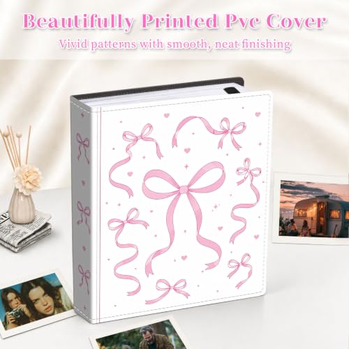 Image of Photo Album 4x6 120 Pockets Pink Ribbon Bow Pattern | 120 clear 4x6 photo pockets, strong elastic band, compact album, family travel wedding use, pink ribbon bow cover