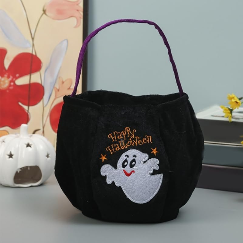 Halloween Trick Or Treat Bucket Bag – Reusable Pumpkin Trick Or Treat Bag, Velvet Halloween Candy Bucket Tote Bag, Kids Halloween Candy Holder for Party Favors, Ghost Pumpkin Owl Pattern Tote (green)3