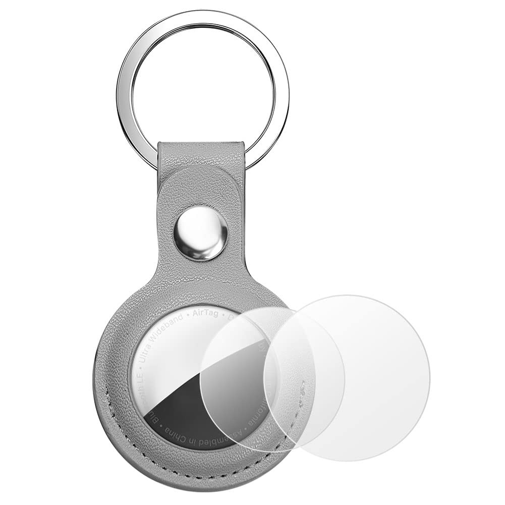 AXFEE Étui de Protection en Cuir pour Apple AirTag 2023, Porte-Clé, Anti-Chute et Anti-Rayures, Portable Key Finder pour Clés, Enfants, Animaux, Gris