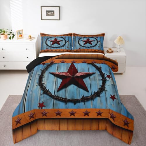 Image of Red Western Texas Star Bedding Set Rural Country Farmhouse Comforter Set for Kids Boys Girls Rustic Wooden Board Comforter Vintage Brown Blue Duvet Set Room Decor Quilt Set Twin Size