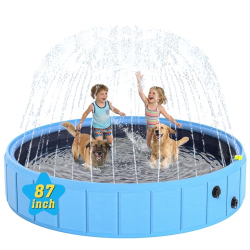 BerrysParadise Foldable Dog Pool with Sprinkler, 87'' Extra Large Non-Slip Dog Swimming Pool, 2-in-1 Outdoor Backyard Pet Bathing Tub with Drain Plug for Dogs Kids Pets Ducks