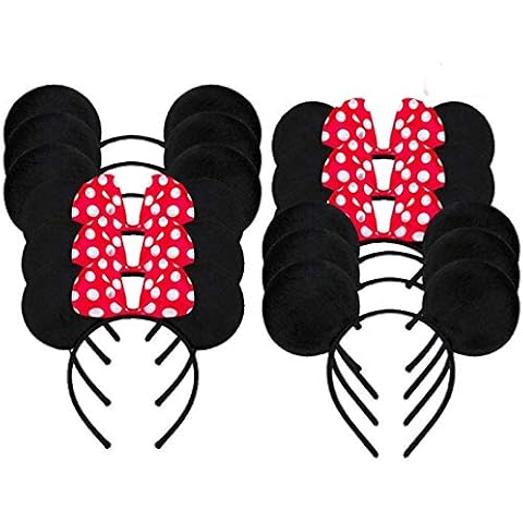 Amycute 12 Pcs Mouse Ear Headband, 6 Pcs Red Bow Headbands And 6 Pcs Solid Black Headbands for Adults and Kids Birthday Party Bag Favors (12 Pcs) Cover